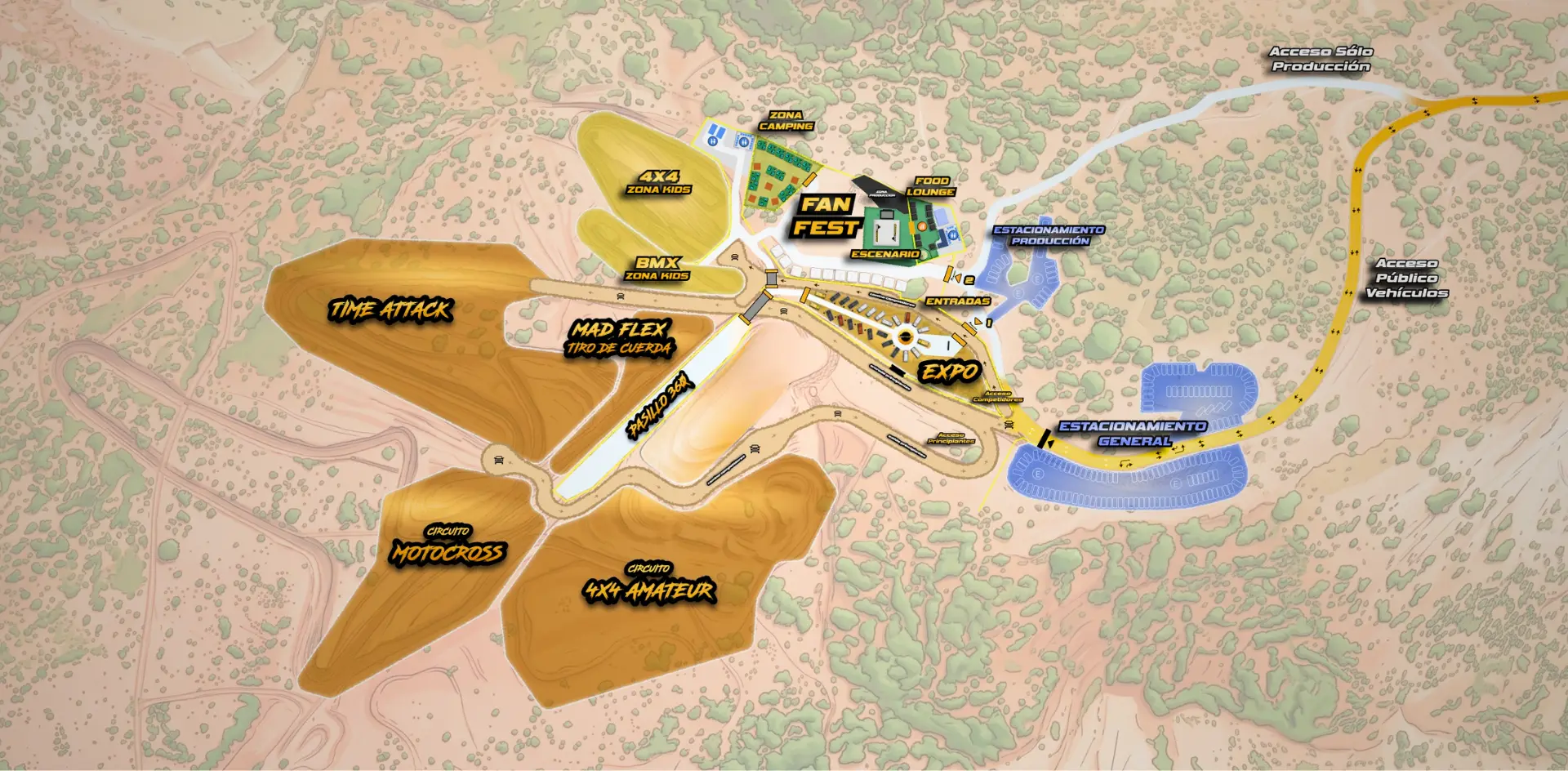 Plano oficial del recinto del DOBLETRACCION FEST 2026 con sus zonas y metrajes